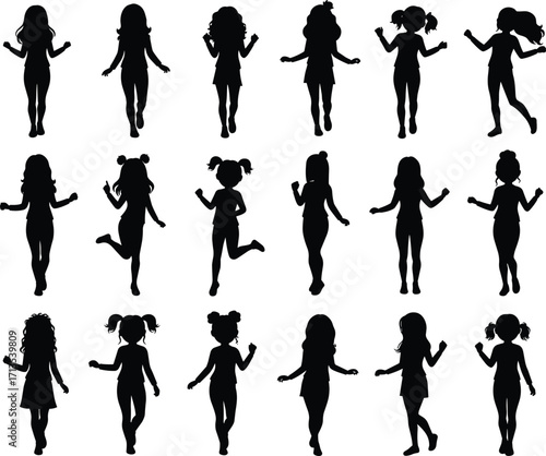 Silhouettes of young girls dancing and posing, cute female child vector clipart, playful children illustration for decoration, design, school projects, and crafts