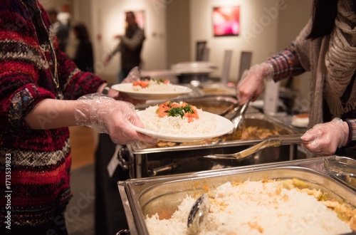 Buffet table at an event attendees serve themselves rice and stew. A warm, indoor setting with blurred figures in the background