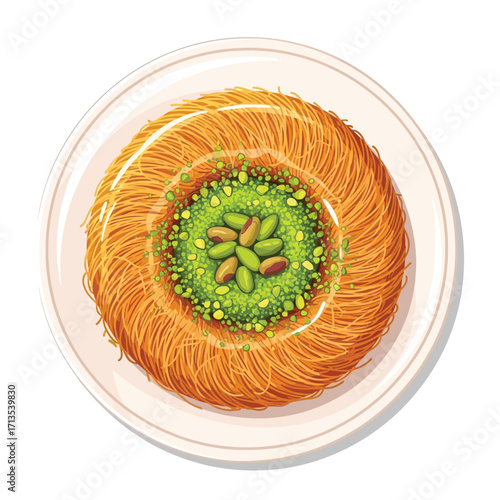 Delicious Traditional Middle Eastern Kunafa Dessert Topped with Pistachios and Honey, Served on a White Plate, Close-up Top View