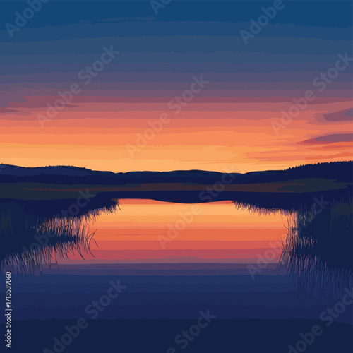 A breathtaking sunset reflecting off a calm pond surrounded by fields, creating a mirror image of the sky. , vector style simple color