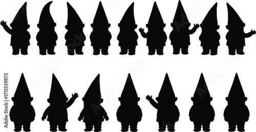 Garden gnome silhouette vector set, cute dwarf clipart, black fairytale character illustrations for decoration, design, fantasy art, and digital projects