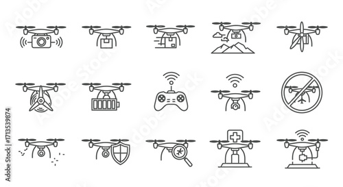 Collection of diverse drone icons and symbols for technology and surveillance concepts vector