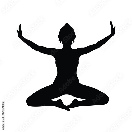 Silhouette of a woman in lotus pose with arms raised in yoga, woman doing yoga pose silhouette vector illustration