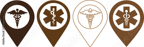 Vector illustration of medical location map pins with healthcare symbols, including caduceus and emergency star, used for hospital markers, clinic icons, pharmacy maps, and health navigation design