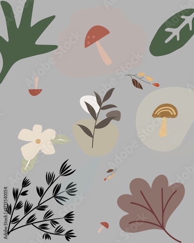 Background decorated with mushrooms and leaves