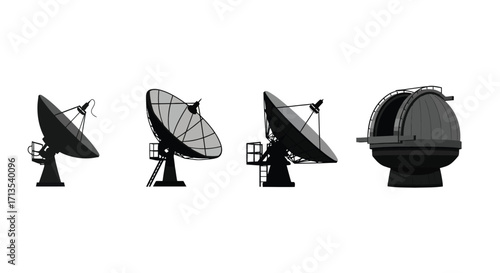 Four satellite dish antennas in different orientations for communication and broadcasting technology vector