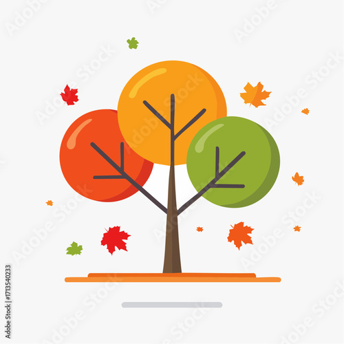 Colorful Autumn Tree Illustration with Falling Leaves and Flat Design.