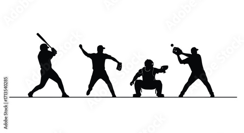Dynamic silhouette of baseball players in action pitcher catcher batter fielder isolated on white vector