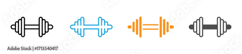 Simple, line-art dumbbell icons in black, light blue, orange, and dark gray.
