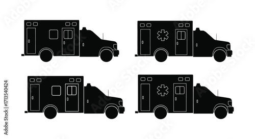 Four silhouette ambulance vehicle icons showing different emergency medical services side views vector