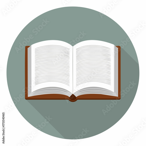 Open hardcover book with a brown cover and white pages filled with text lines A flat design vector illustration of a classic textbook or novel.