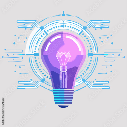 Vibrant purple and pink glowing light bulb stylized with intricate blue circuit board patterns.