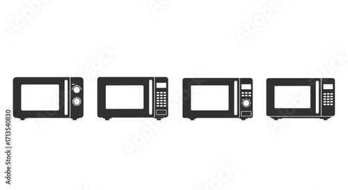 Four modern kitchen microwave ovens displayed from different angles showing front and side views vector
