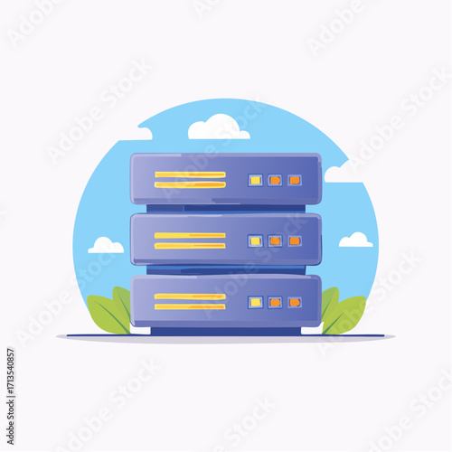 Stacked Server Racks with Indicator Lights and Yellow Lines.