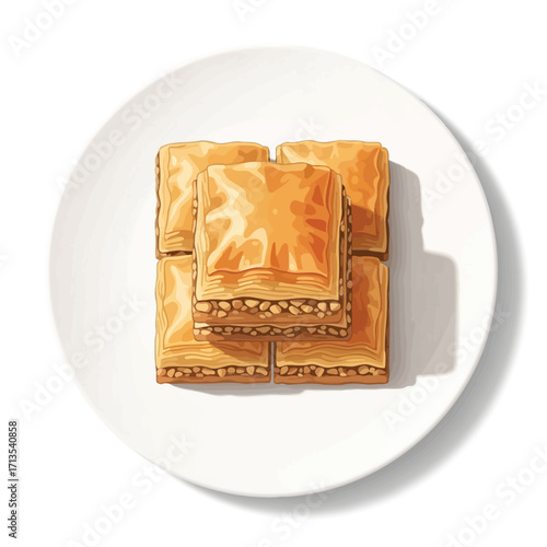 A close-up overhead view of a stack of delicious, golden-brown baklava pieces on a white plate, showcasing the flaky pastry and nutty filling