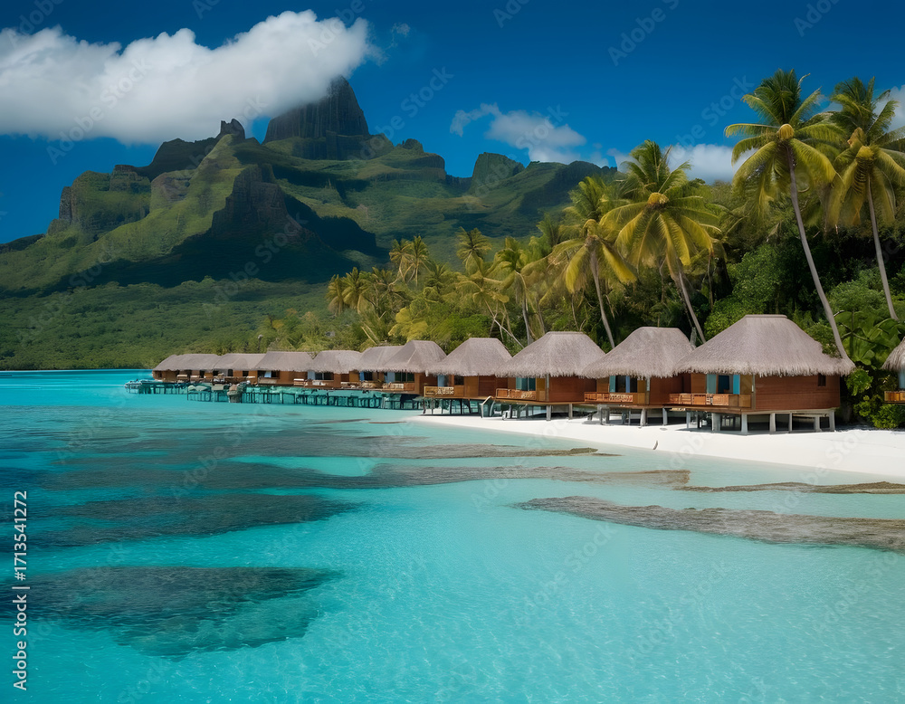 Fototapeta premium A peaceful and tranquil lagoon in Bora Bora, French Polynesia, with crystal-clear waters and overwater bungalows dotting the shoreline. A view of the sea and mountains. Tropical beach with palm trees.