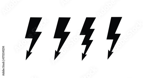 Four black lightning bolt symbols set collection representing energy power speed and electricity vector