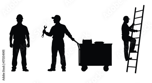 Silhouettes of workers with tools equipment and ladder on vector