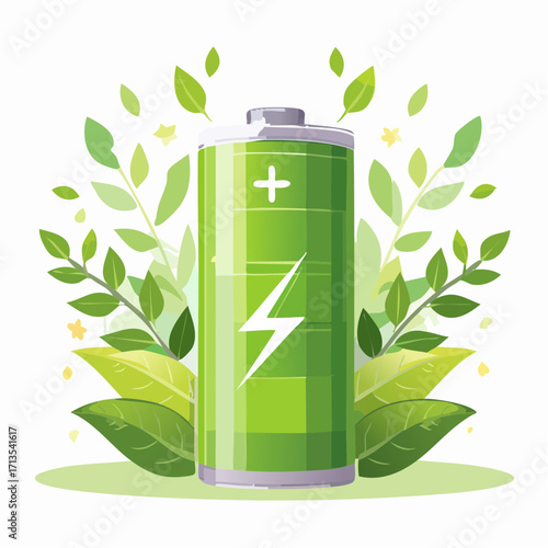 Green Battery Icon with Lightning Bolt and Leafy Accents.