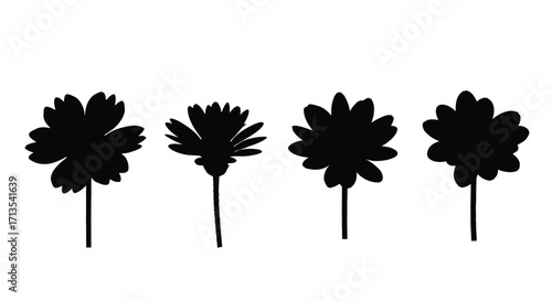 Four silhouette flower heads on thin stems minimalist botanical design elements vector