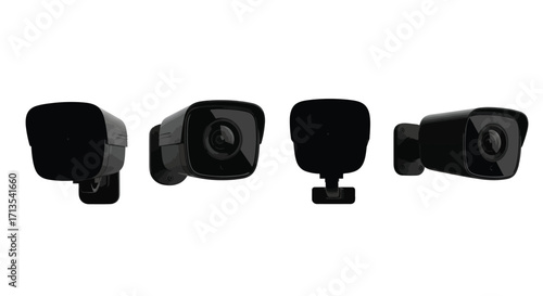 Four black surveillance cameras displayed in a row showing different angles for security monitoring vector