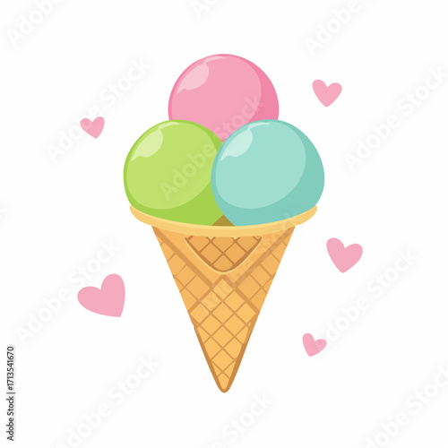 A cute cartoon illustration of a waffle cone with three colorful pastel scoops of ice cream.