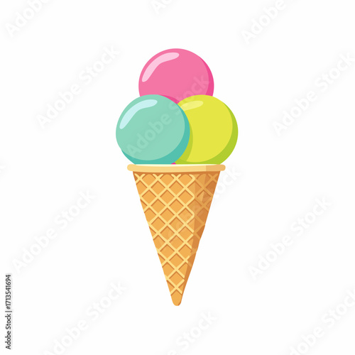 Vibrant threescoop ice cream cone featuring pink teal and lime green flavors in a textured waffle cone.
