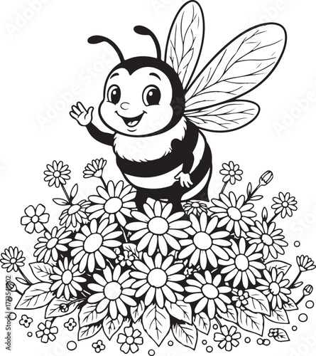 Whimsical bee and flowers floral design illustration