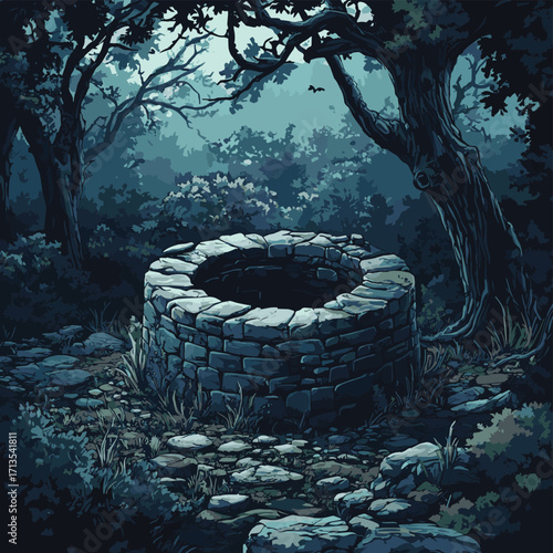 A chilling old well surrounded by darkness and haunted whispers. , vector style simple color