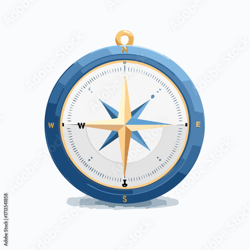 Blue and Gold Compass with Cardinal Directions and Detailed Markings Illustration.