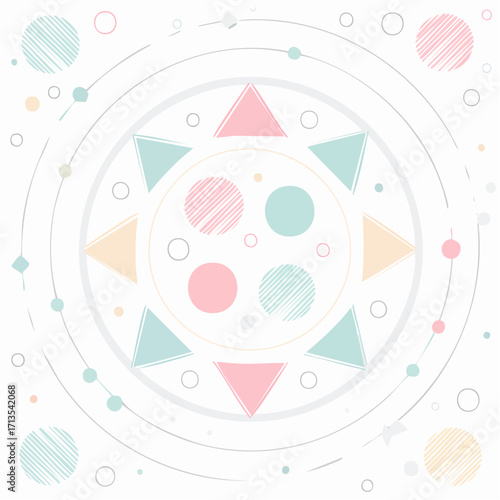 Pastel Geometric Mandala with Circles Triangles and Lines Design.