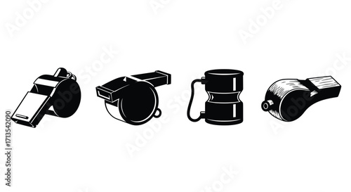 Four distinct sports whistles captured in a clear photographic style isolated vector