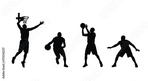 Dynamic basketball player silhouettes in action during a game sequence vector