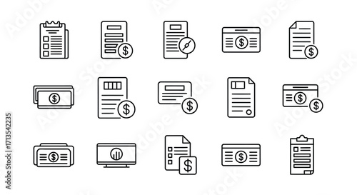 Set of outline icons representing financial documents receipts and money transactions vector