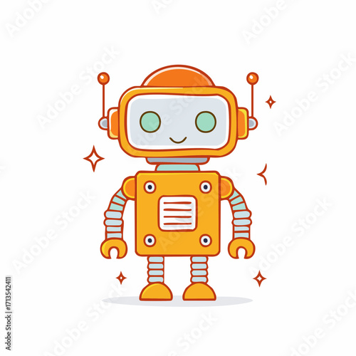 Friendly orange and yellow cartoon robot illustration with antennae smiling face and segmented limbs.