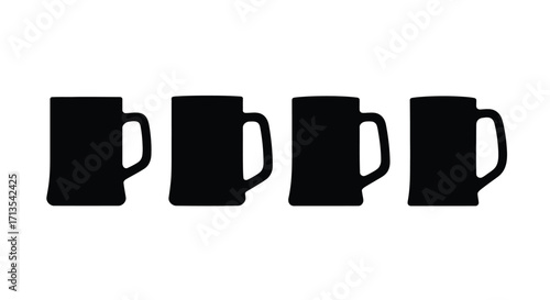 Four black silhouette beer mugs lined up simple icons for beverage or bar concepts vector