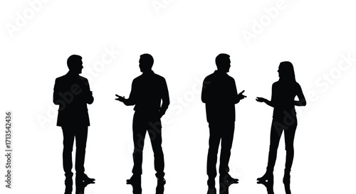 Four business professionals silhouettes discussing ideas in a modern office environment vector