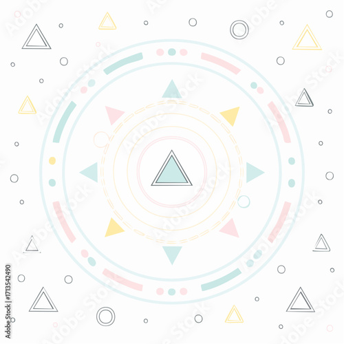 Pastel geometric abstract design featuring a central circular element with triangles and rings.