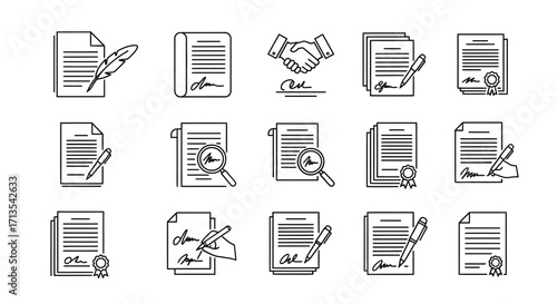 Collection of hand drawn agreement and contract icons for business and legal documents vector