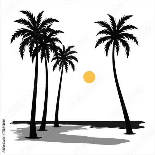 sunset palm trees on a beach, palm, tree, beach, summer, island, tropical, vector, sea, sun, silhouette, illustration, landscape, nature, ocean, sunset, travel, sky, paradise, coconut, holiday, palm t