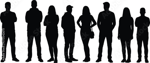Silhouette group of people standing together, casual posture, community crowd illustration, teamwork concept, human figures, social gathering, lifestyle vector design