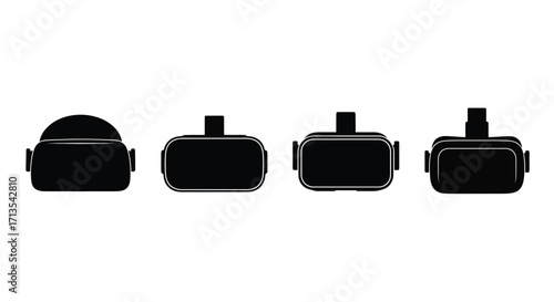 Diverse set of black virtual reality headsets displayed in a row showing different angles vector