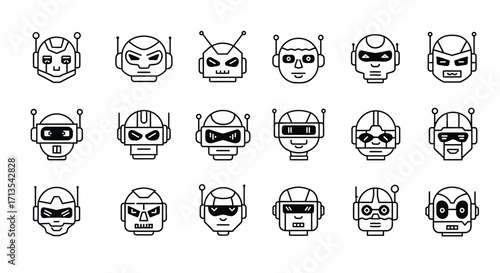 Collection of retro sci-fi robot and alien heads comic style line art icons vector