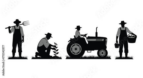 Rural farming scene silhouettes featuring tractor and agricultural workers in a field vector