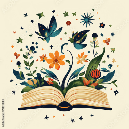 A whimsical logo for a children's book publisher, incorporating fantasy elements. , vector style simple color