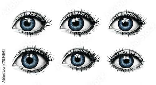 Collection of realistic blue and gray eyes with detailed lashes and iris variations expressing emotion vector