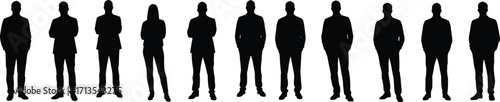 Business people silhouette group standing together, teamwork concept, professional men and women in suit, corporate leadership, office collaboration illustration