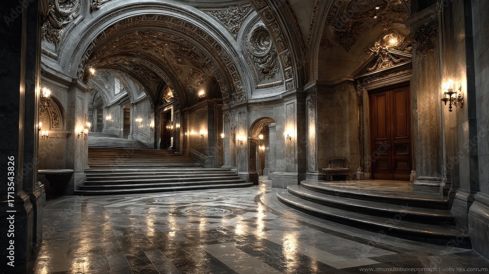 Obraz premium Ornate Grand Hallway Interior with Architectural Details and Marble Flooring