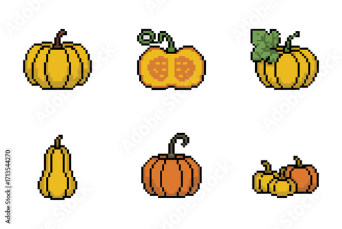 Pixel pumpkin and gourd icons set, autumn harvest collection, cute 8 bit style, orange green palette, vector illustration