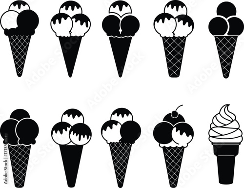Vector illustration of ice cream cone silhouettes, black and white dessert icons, frozen treat graphics for summer, cafe, food design themes